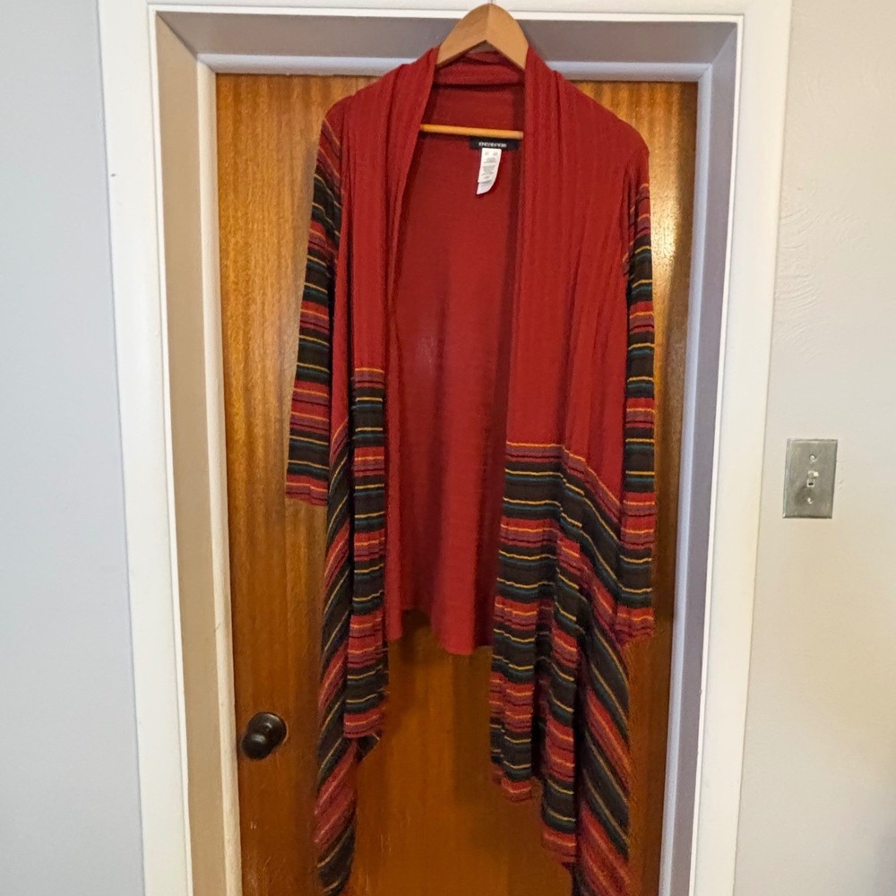 Jones New York Red Striped Open Front Handkerchief Hem Cardigan Womens L/XL